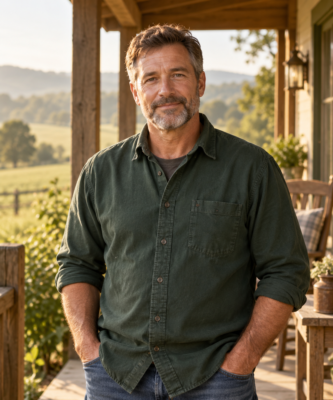 Man standing on a sunlit rural porch